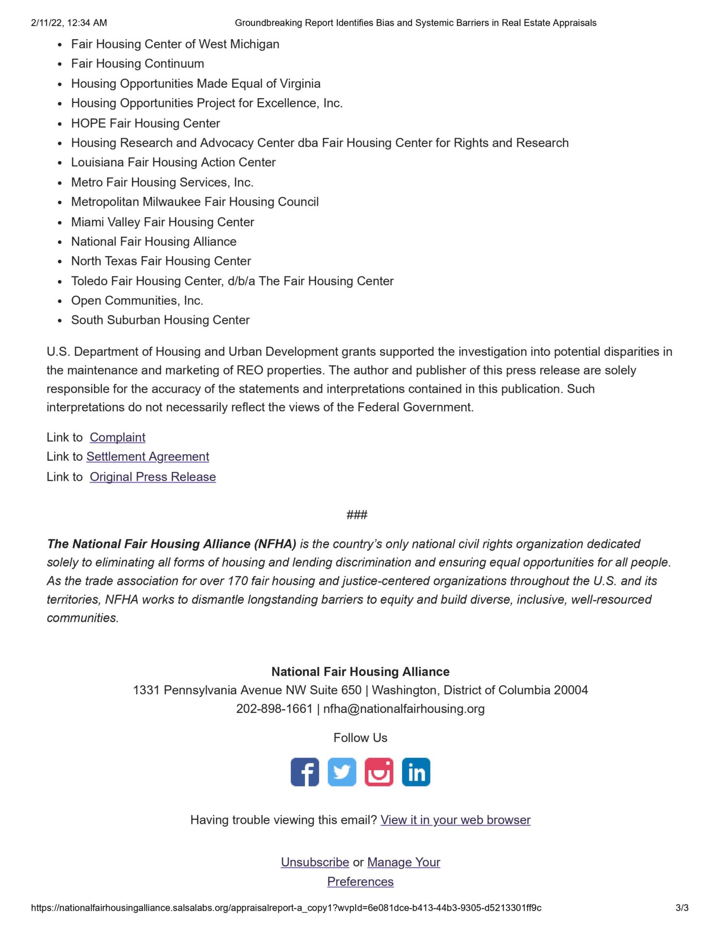 A page of the national fair housing alliance 's statement.