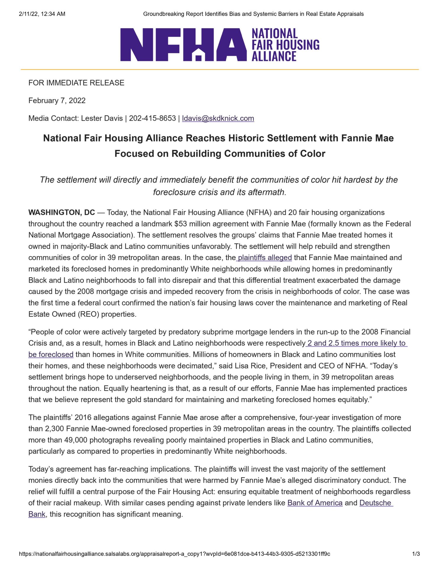 A page of the national fair housing alliance 's statement with focus on rebuilding communities of color.