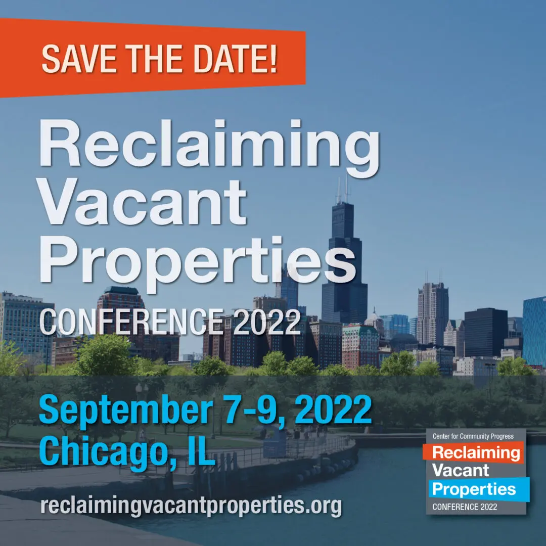 A picture of the chicago skyline with the words " reclaiming vacant properties conference 2 0 2 2 ".